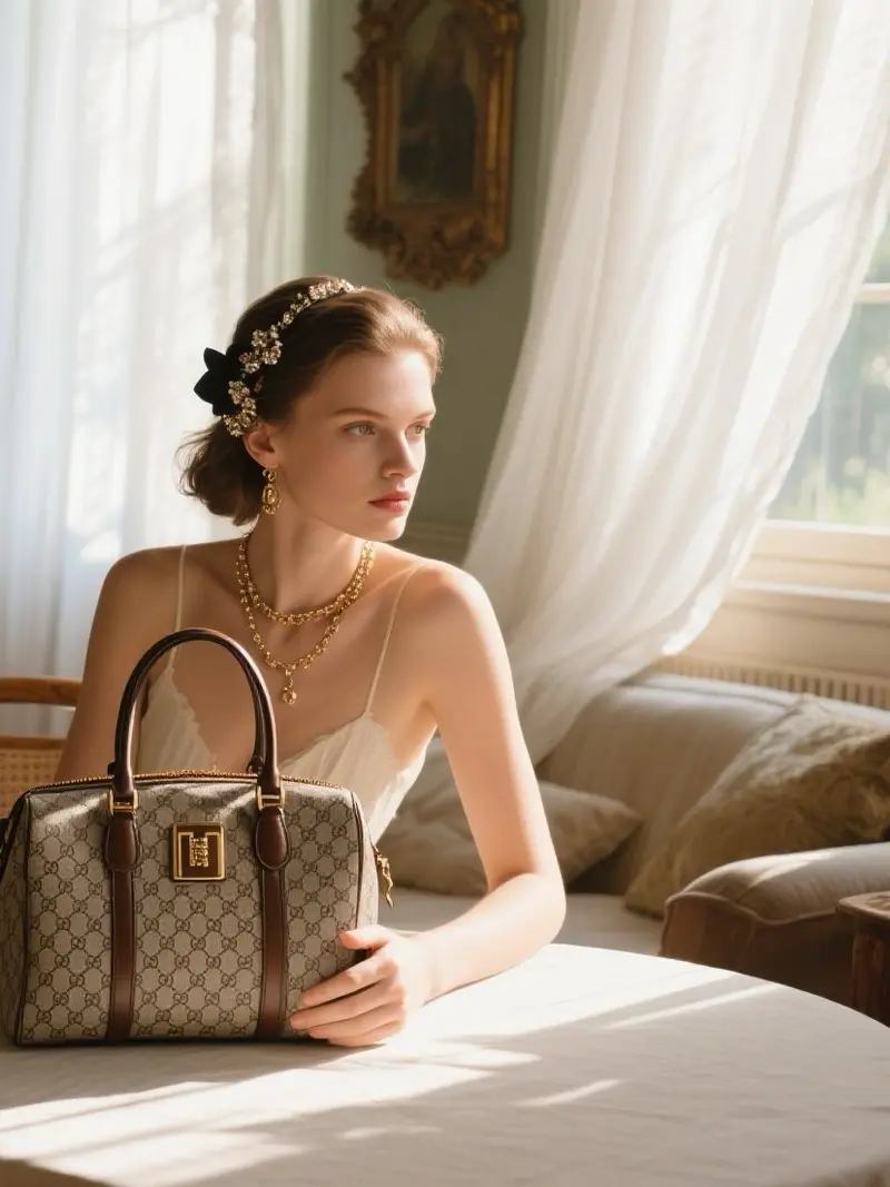 AI-generated luxury handbag campaign in classical interior